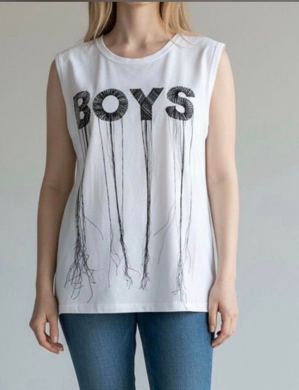 Nicole Miller Artelier Boys Embroidered Tank Top Fringe Thread Indie Sleeze NWT